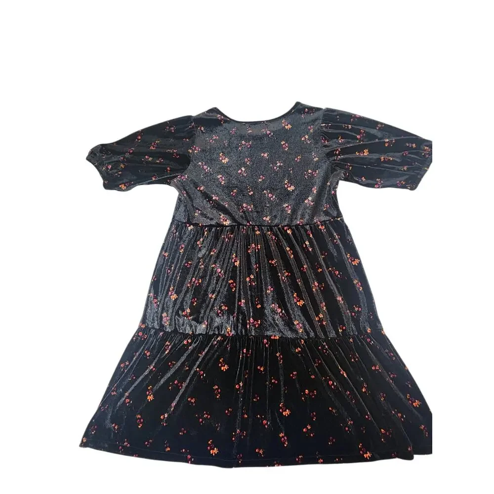 Old Navy Girls XL 14-16 Black Velvet Floral Dress Puff Sleeve Tiered‎